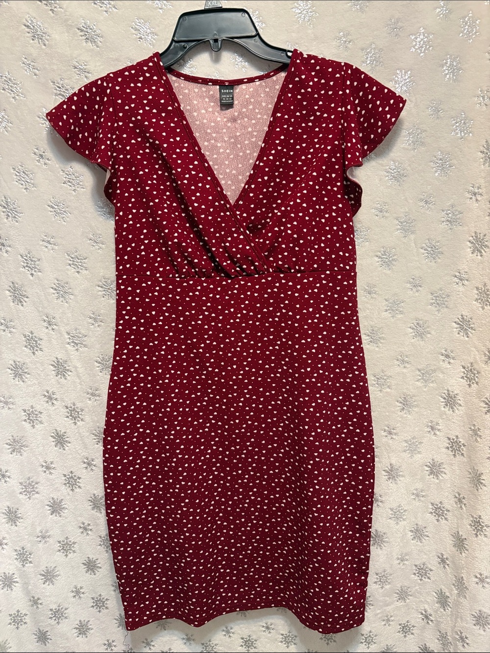 SHEIN Burgundy Midi Wrap Dress with White Heart Print.